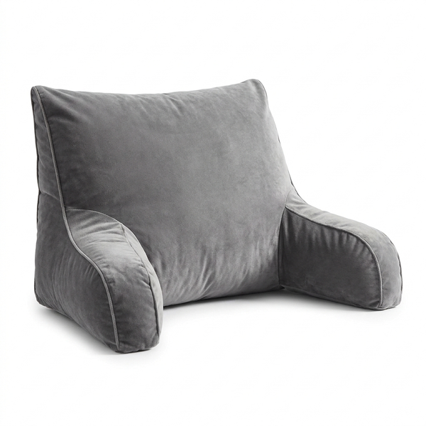 Reading Bed Pillow with Arms - grey velvet on white background